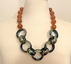 Vintage Brown Resin & Green Metal Chain Necklace