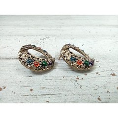 Vintage Gold Tone Enamel Ornate Oval Eye Floral Pierced Post Earrings Colorful