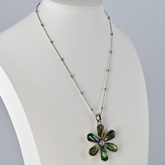 LIA SOPHIA Original Vintage Signed Abalone Flower Lily Pendant Silver Necklace