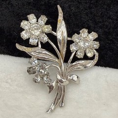 Vintage Rhinestone Flower Brooch Pot Metal Silver Tone READ
