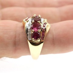 14k Solid Yellow Gold Natural Pink Tourmaline and Diamond Band Ring Size 7.75