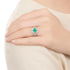 Art Deco Green Emerald & Lab Created Diamond Wedding 14K White Gold Finish Ring