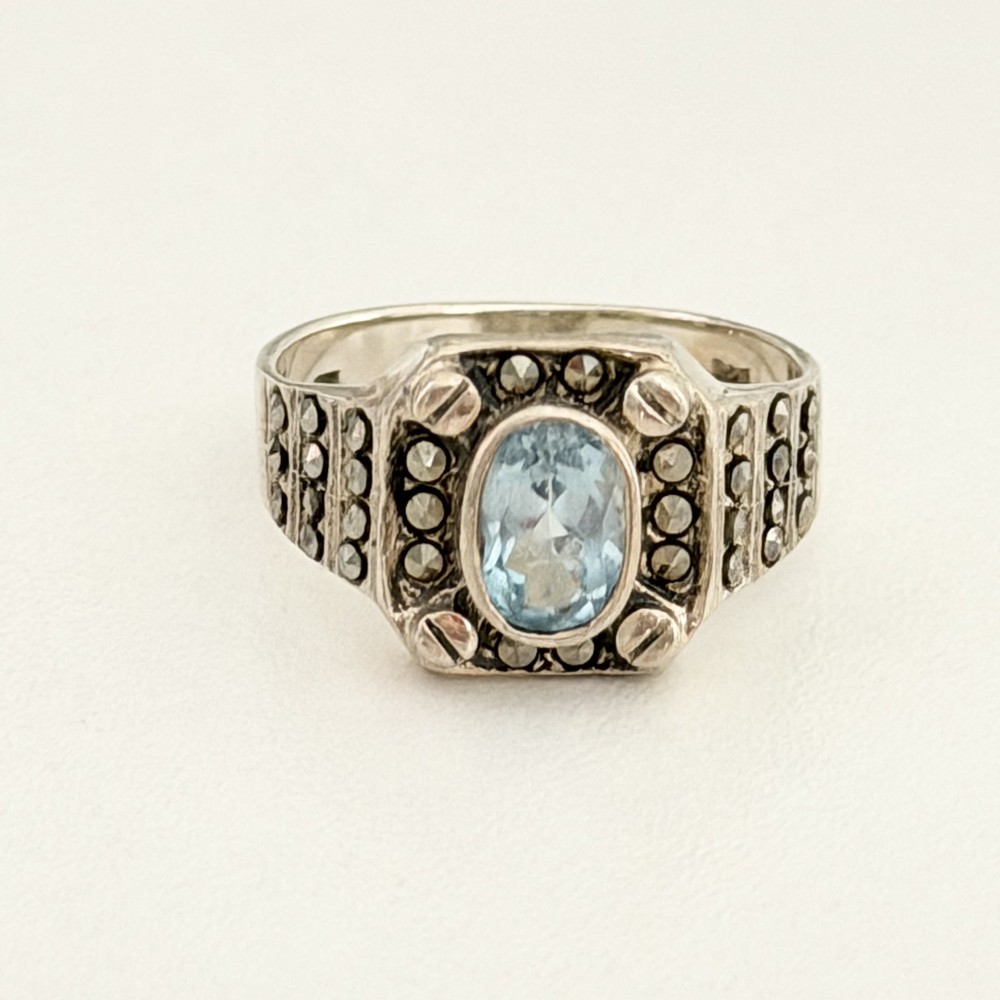Vintage 925 Sterling Silver Genuine Blue Topaz Marcasite Deco Style Ring SZ 9.5