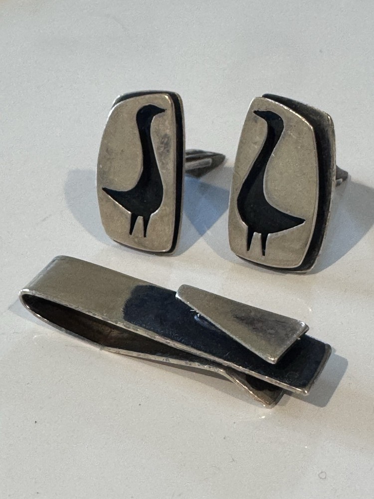 LORE Midcentury Modernist sterling silver CUFFLINKS with TIE BAR — Bird design