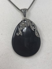 Vintage Tori Hill Black Onyx Marcasite 925 Sterling Silver Pendant and 30” chain