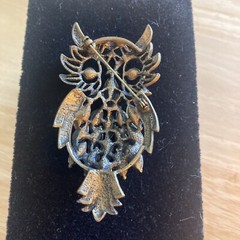 Vintage Owl Brooch Pin Avocado Olive Green Rhinestones & Metal Lg 3” Retro Boho