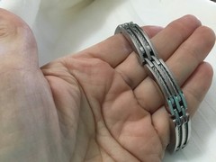 Vntg Unisex Three Bar Curve Etched Pattern Link Heavy Stainless Steel Bracelet