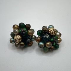 W. Germany Green Beads Glass Acrylic Earrings Clip on Closure Gold Tone Vintage,
