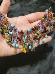 Boho Multi Color Seed Bead Fringe Cluster Collar Necklace Antique Bronze Tone