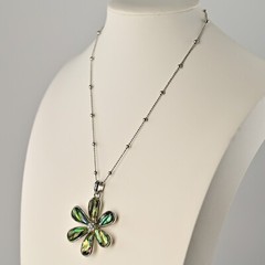 LIA SOPHIA Original Vintage Signed Abalone Flower Lily Pendant Silver Necklace