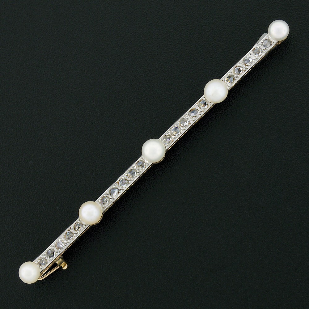 Antique Edwardian French Gold & Platinum 0.80ct Diamond Pearl Bar Pin Brooch
