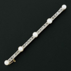 Antique Edwardian French Gold & Platinum 0.80ct Diamond Pearl Bar Pin Brooch