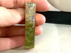 Vintage gold plated genuine Opal Peridot nuggets in resin bar pendant 0.5” x 2”