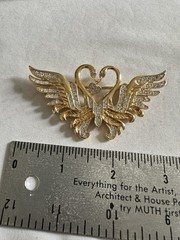 Vintage Nolan Miller Double Swan Brooch Pin Dangle Heart Pave Rhinestones signed