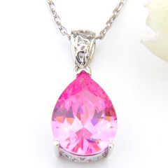 Gorgeous Xmas Gift Teardrop Sweet Pink Topaz Gems Solid Silver Necklace Pendants