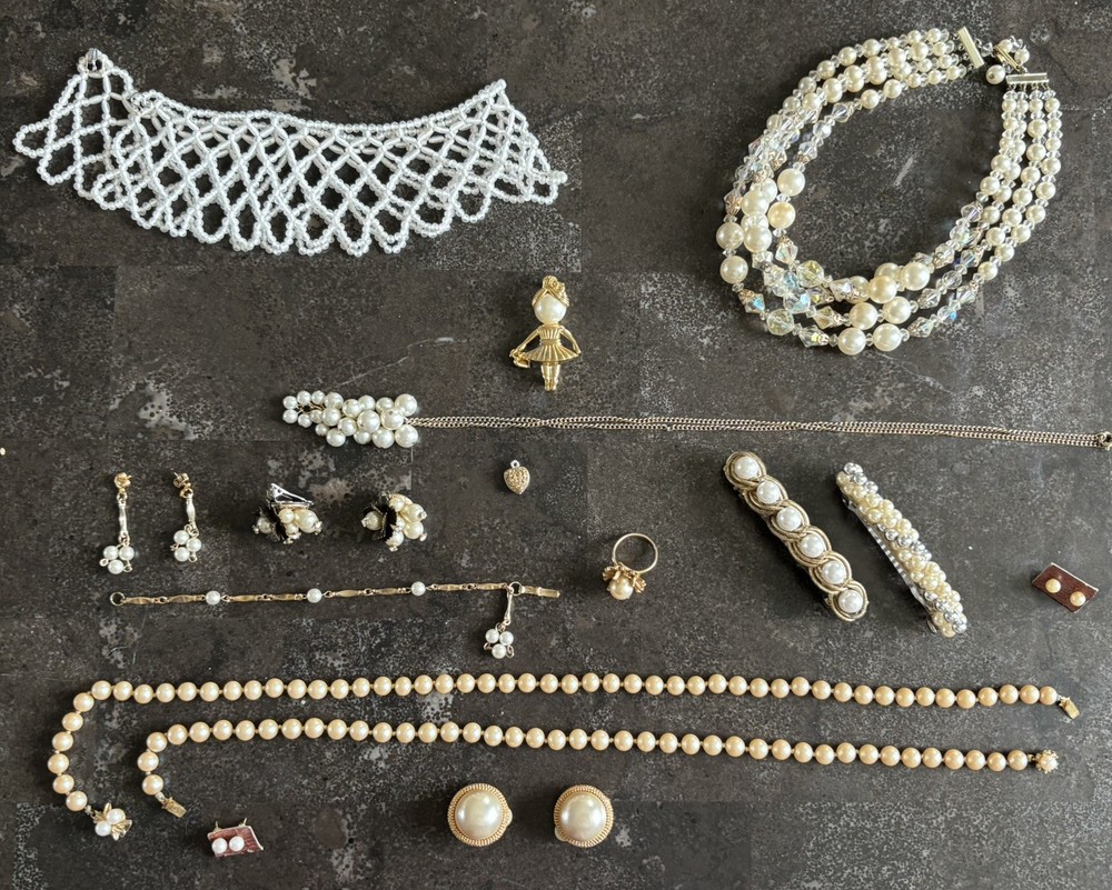 Vintage 16 Pc Faux Pearl Jewelry Lot MIA Brooch Necklaces Earrings Barrettes