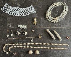 Vintage 16 Pc Faux Pearl Jewelry Lot MIA Brooch Necklaces Earrings Barrettes