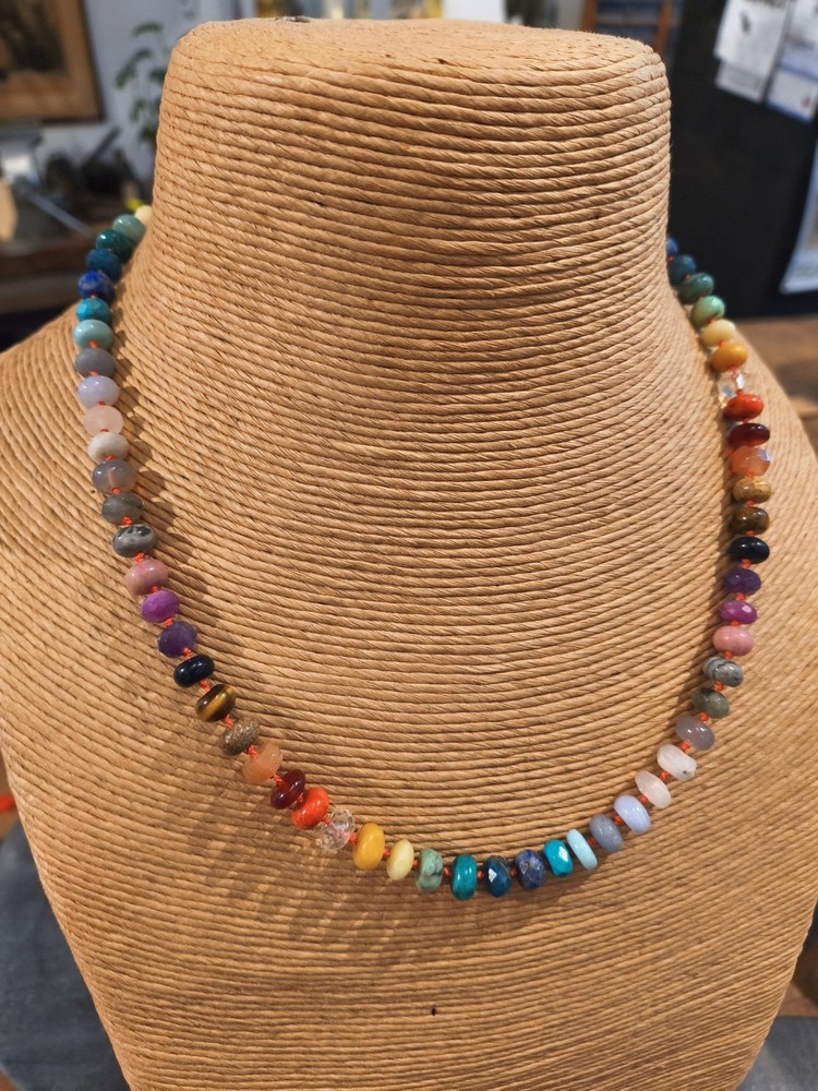 Vintage Rainbow Natural Stone Hand Knotted Necklace Sterling