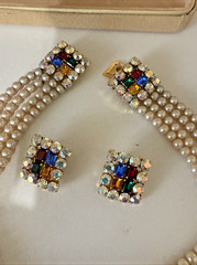 VTG De Liguoro Italy Faux Pearl Multi Strand Rhinestone Clasp Necklace, Earrings