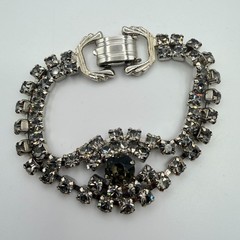Vintage Silver Tone Rhinestone Bracelet Smoky Gray Multi Strand Cluster Retro