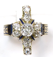 Victorian Old Mine Diamond 1880’s Enamel Engagement Ring 18KY Size 6.25 UK-M