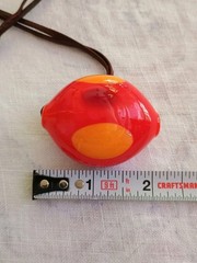 Leather Cord Pendant Necklace Sculptural Art Glass Red Orange 27″ Shell Vintage