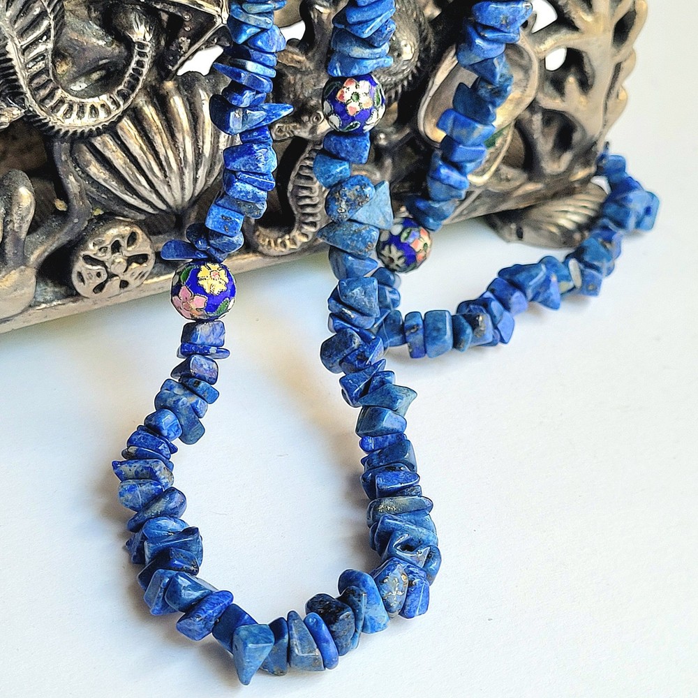 VTG Blue Lapis Sodalite Chip Cloisonne Enamel Beads Flower Necklace 34″ No Clasp