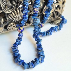 VTG Blue Lapis Sodalite Chip Cloisonne Enamel Beads Flower Necklace 34″ No Clasp