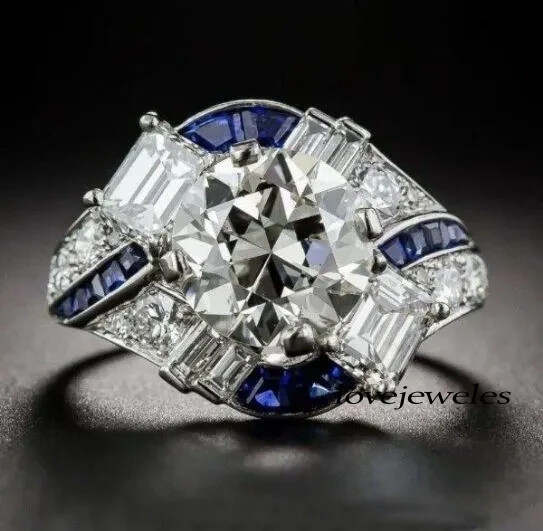 Art Deco 3.51CT Round Cut Real Moissanite Vintage Wedding Ring 14K White Gold FN