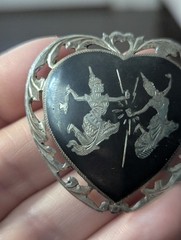 Vintage Siam Sterling Heart Black Niello Brooch Pin Lightning Goddess Love Art