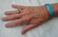 Heavy Inlay Channel Set TURQUOISE ZUNI Stamped STERLING Silver Overlay BRACELET