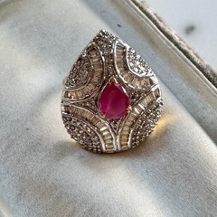 Vintage Pear Shape Ruby Cubic Zirconia Statement Ring Size 8 Glam Sparkly Party
