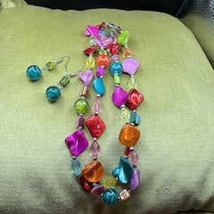Bright Acrylic Art Glass Bead Layered Necklace Set Matching Dangle Earrings VTG