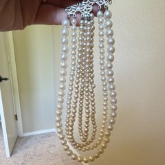 4 strand Layered faux Pearl Necklace White/Silver Bow Hook Closure 2-toned Japan