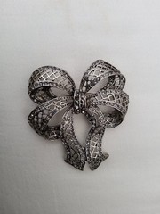 Vintage KC Silvertone Marcasite And Small Clear Rhinestones Ribbon Bow Brooch
