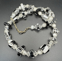 Art Deco Style Glass Bead Necklace Clear & Black & White Stripe 21”
