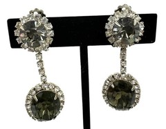 Vintage Rhinestone Drop Earrings Faceted Smoky Gray Crystal Silver Tone Glam