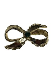 Gerry’s Bow Brooch Pin Green Rhinestone Gold Tone Tied Ribbon Vintage Dainty