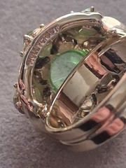 Hollycraft 1950s demi-parure green cab & AB clip on earrings & adjustable ring
