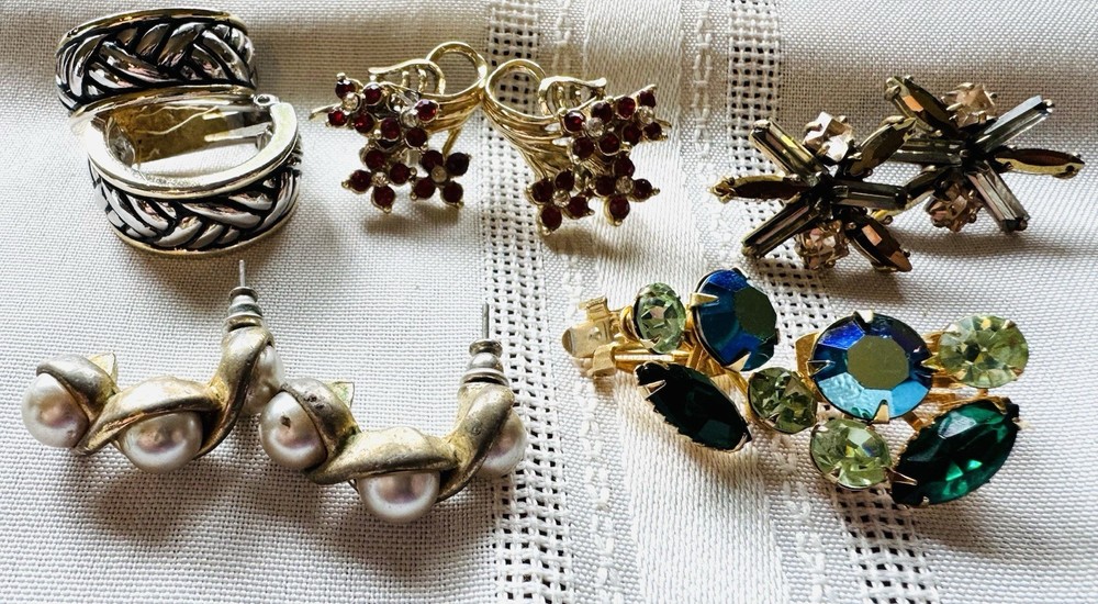6 Pair Lot Vintage Rhinestone Earrings Coro Beau Jewels Orena TJ M USA Signed
