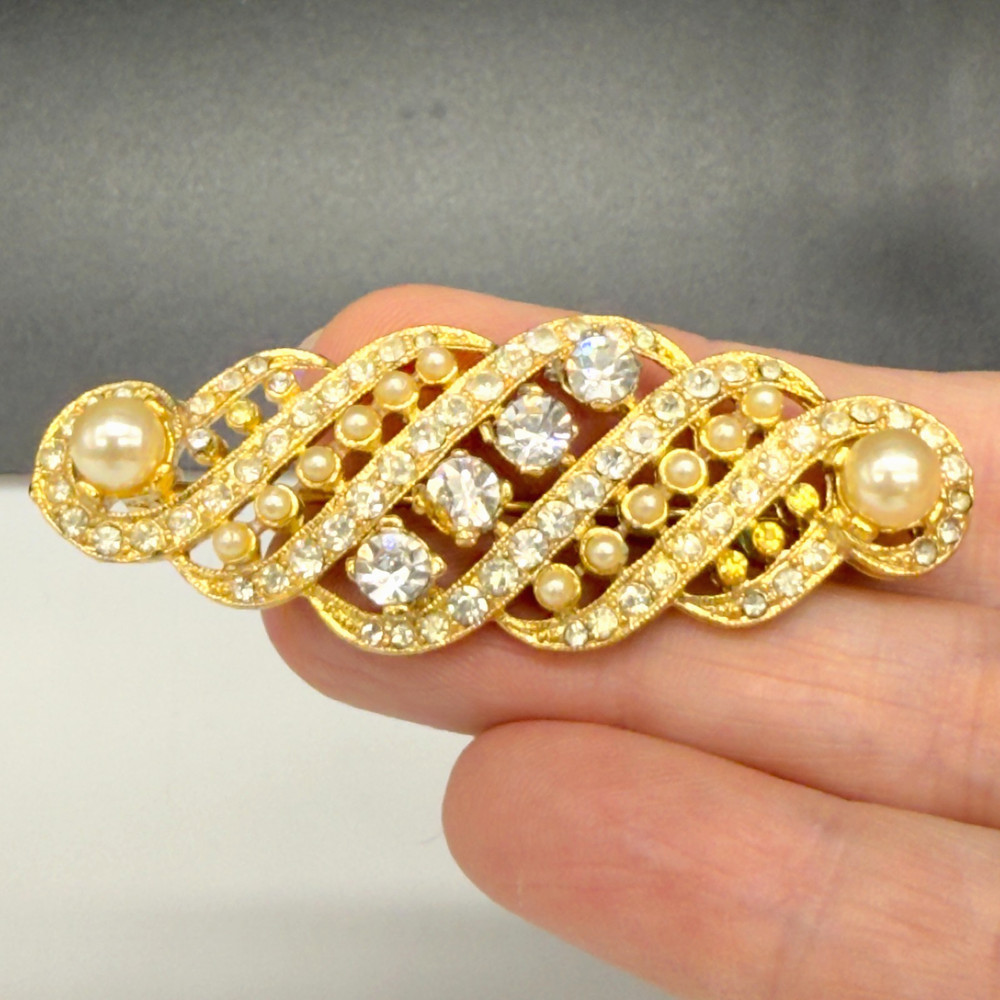 Vintage Brooch Clear Rhinestones Faux Pearls Gold Tone Swirls 2.5 Inches