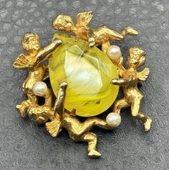 Vintage Jeanne Brooch Cherub Angel Marbled Swirl Yellow Rhinestone Nouveau Style
