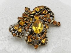 1953 HOLLYCRAFT Rhinestone Floral Brooch Faux Golden Topaz & Pearls Signed Dated