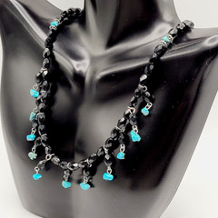 Southwestern Style Black Glass Faux Turquoise Beaded Fringe Vintage Necklace