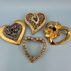 Vintage Heart Brooch Lot Gold Silver Tone Rhinestone Filigree Open Work Ribbon