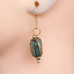 Vintage 2.50ctw Green Turquoise 14K Yellow Gold Silver Dangle Earrings 4.2g