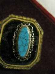 Early Eagle Mark STERLING w/ 21mm OVAL TURQUOISE Wire & Dots Ring. Size 4 LQQK!