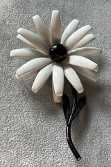 Vintage Enameled Metal Black/ White Flower Brooch 3.5 X 2 Inches