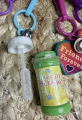 Vtg 80s Nostalgia Plastic Bell Charm Necklace Lot Cassette, Bubbles, Abacus EUC