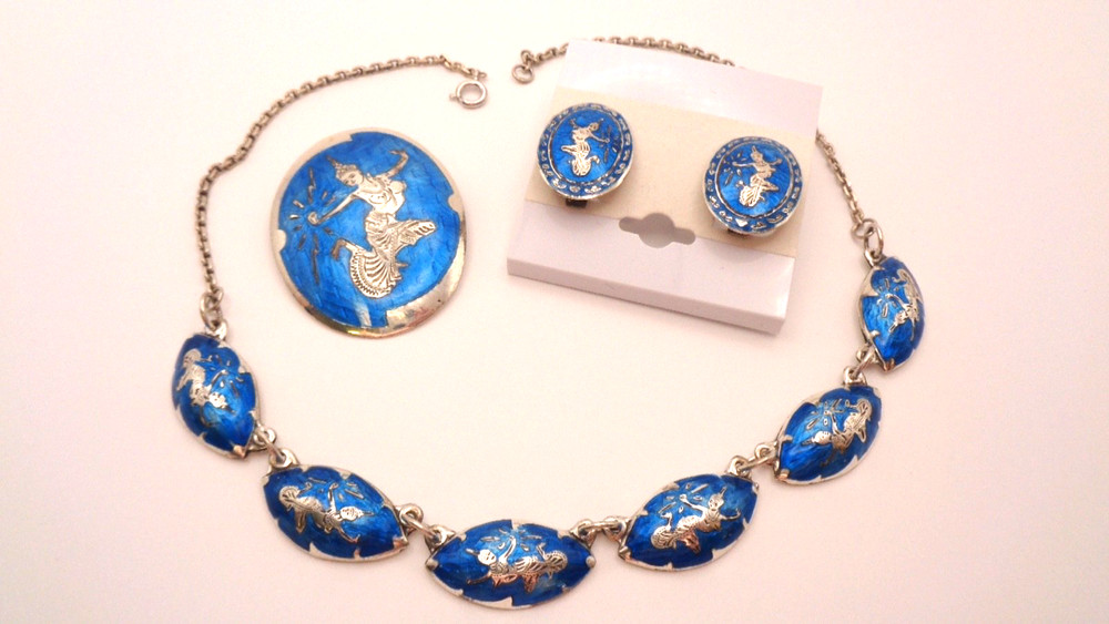 Vintage Sterling Silver Siam Niello Blue Enamel Necklace Brooch Clip Earring Set